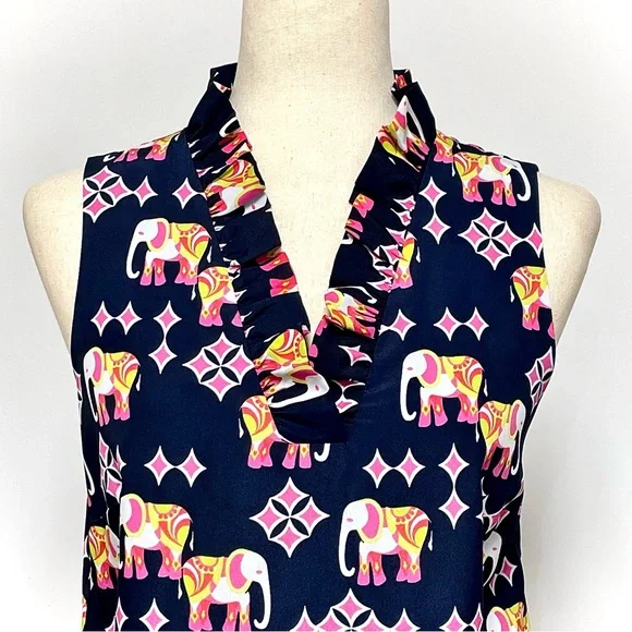 Crown& Ivy Elephant Print Sleeveless Shift Dress Navy Size 6 - Picture 3 of 10